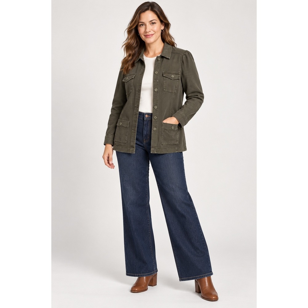 Chico's Womens Size 1 M Olive Green Cotton Stretch Utility Jacket 4 Pocket